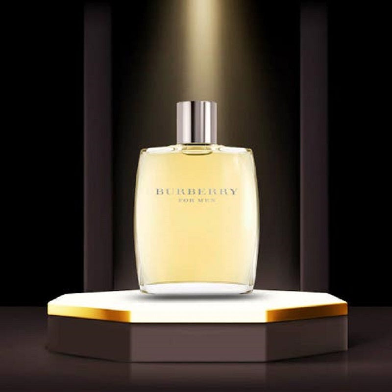 Perfume bottle on a hexagonal platform with a dark background