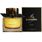 Bottle of My Burberry Black eau de parfum with packaging, displaying the brand, name, and fragrance notes.