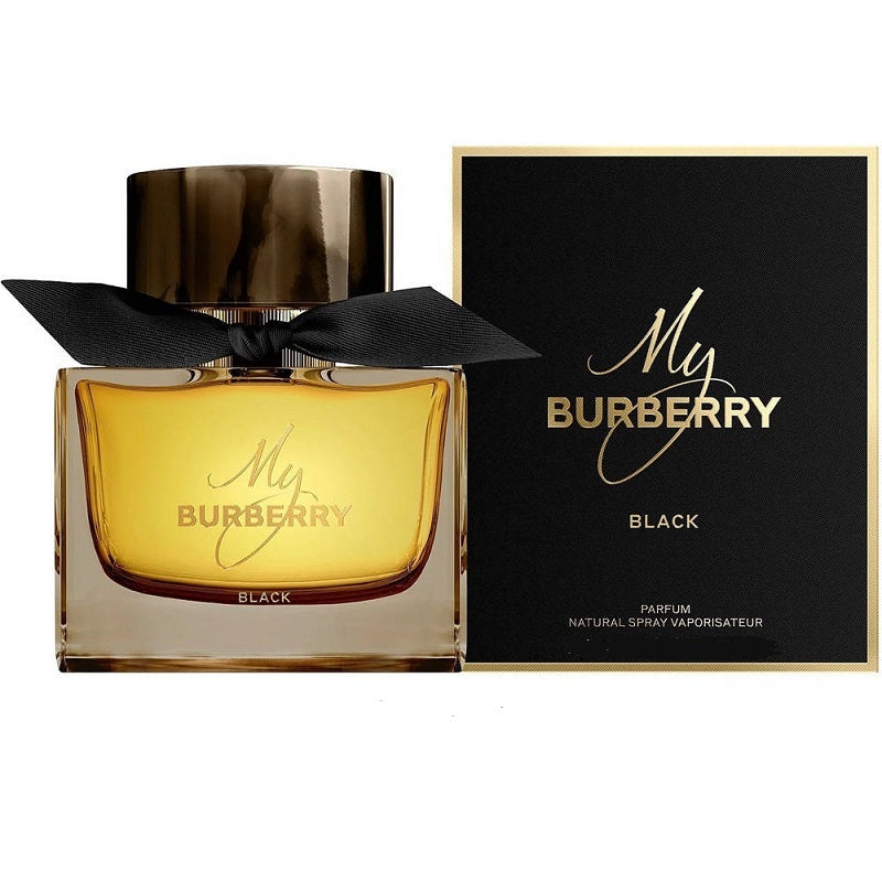 Bottle of My Burberry Black eau de parfum with packaging, displaying the brand, name, and fragrance notes.