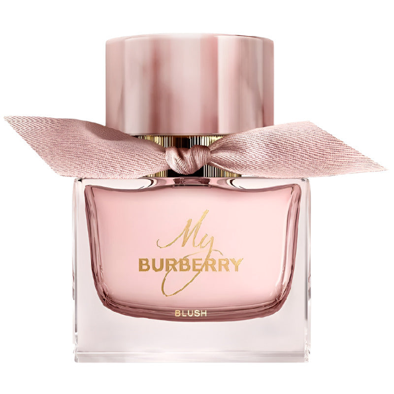 Burberry perfume bottle with pink cap and ribbon on a white background