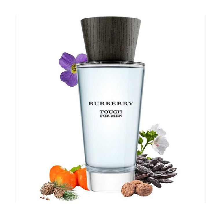 Burberry Touch for Men perfume bottle with floral and fruit elements on a white background