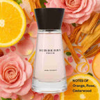 Burberry Touch perfume bottle with floral and fruit elements on a colorful background