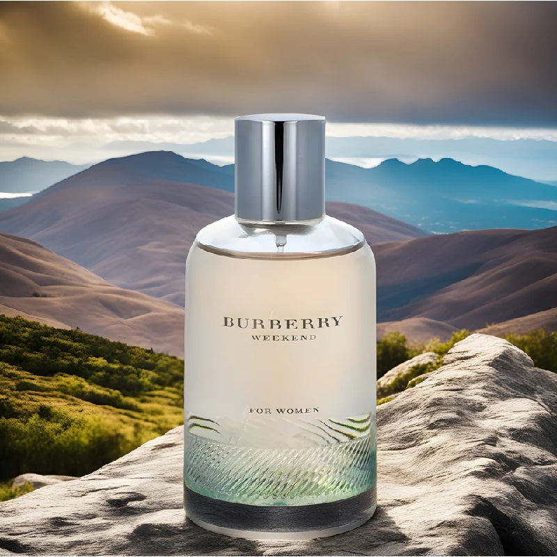 Perfume bottle on a rock with mountain landscape background