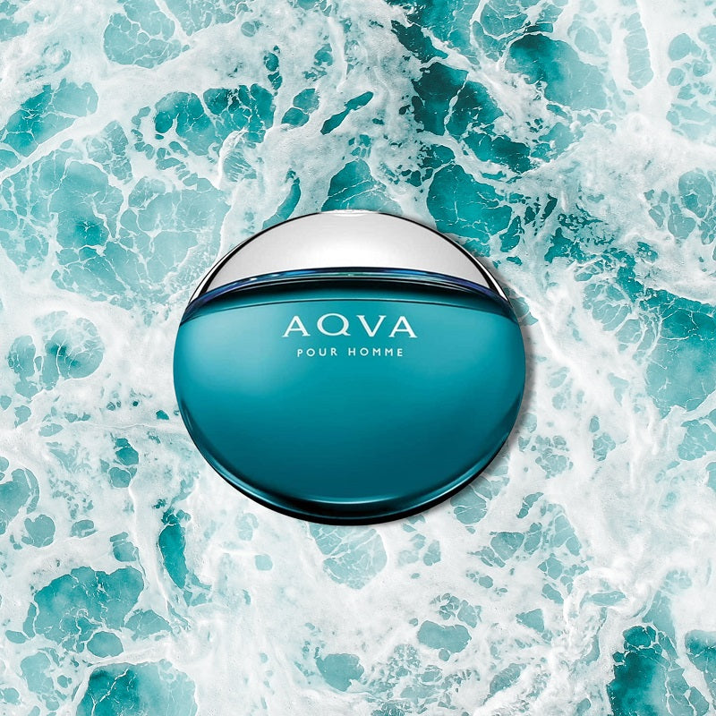 Aqva pour homme perfume bottle on a textured blue and white background