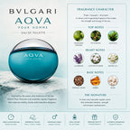 Bulgari Aqva pour Homme perfume bottle with fragrance character details on a light blue background