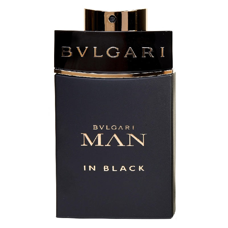 A bottle of Bvlgari Man In Black Eau de Parfum with a dark label and gold text.