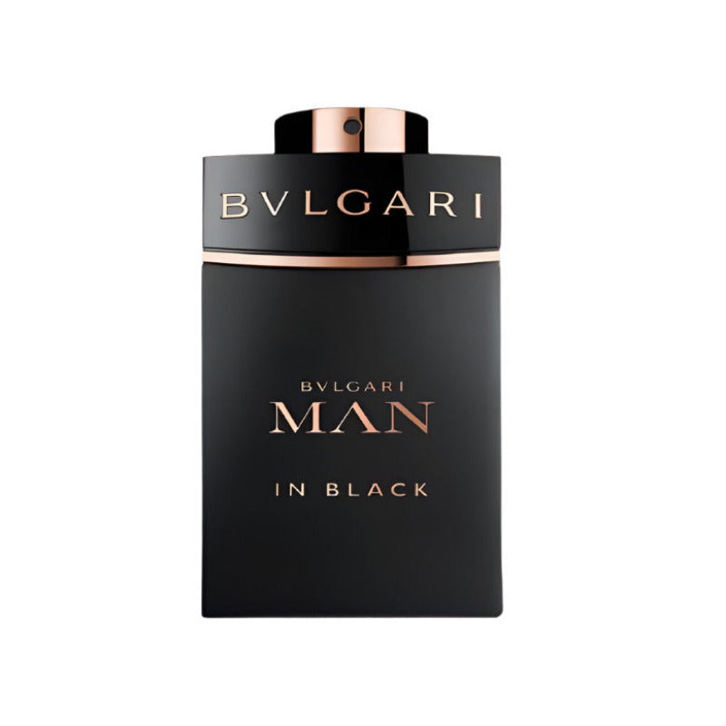 A black bottle of Bvlgari Man In Black Eau de Parfum with gold text and accents on the label.