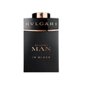 A black bottle of Bvlgari Man In Black Eau de Parfum with gold text and accents on the label.