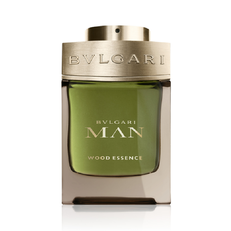 Bottle of Bvlgari Man Wood Essence eau de parfum with a green liquid visible and the brand and product name displayed on the label.