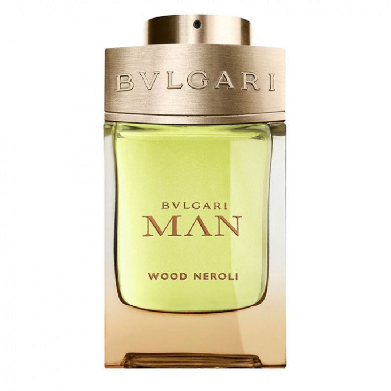 A glass bottle of Bvlgari Man Wood Neroli Eau de Parfum with a gold-colored cap and label.