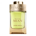 A glass bottle of Bvlgari Man Wood Neroli Eau de Parfum with a gold-colored cap and label.