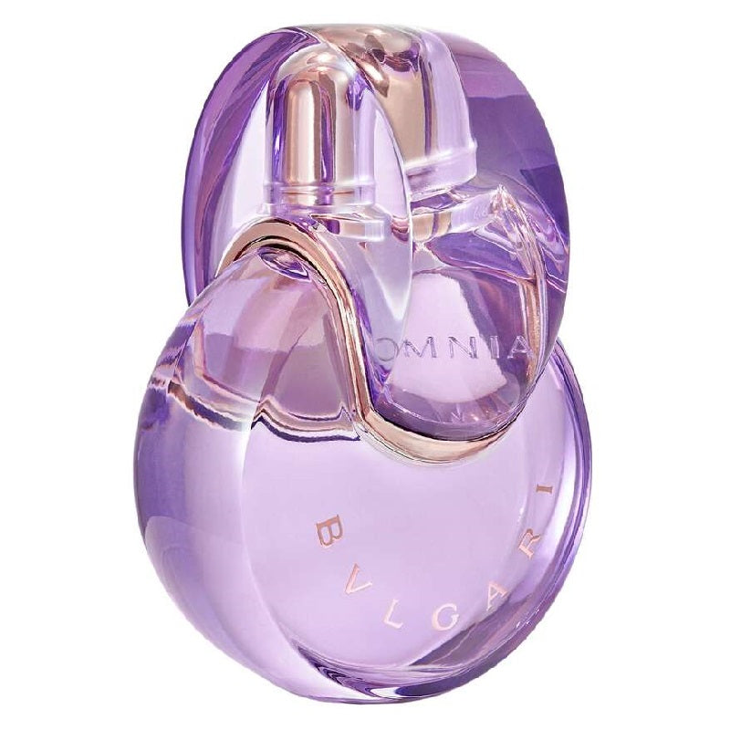 A glass bottle of Bvlgari Omnia Amethyste Eau de Toilette with a purple liquid visible inside and a gold cap.