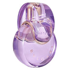A glass bottle of Bvlgari Omnia Amethyste Eau de Toilette with a purple liquid visible inside and a gold cap.