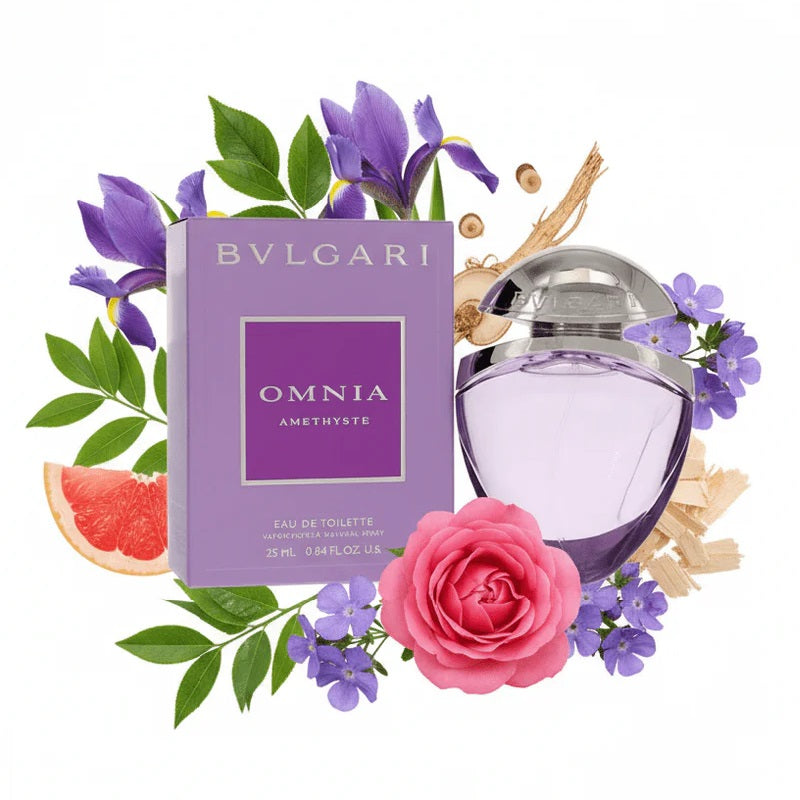 Bulgari Omnia Amethyste perfume bottle and packaging with flowers and fruit on a white background
