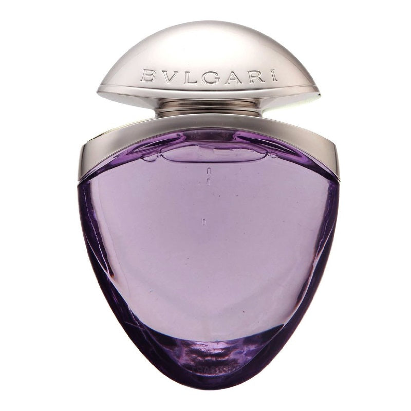 Bulgari purple perfume bottle on a white background