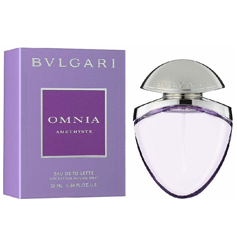 Bulgari Omnia Amethyste perfume bottle and packaging on a white background