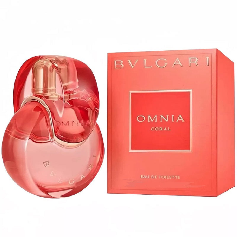 Box and Bottle Image: Omnia Coral 100 ml Eau de Toilette by Bvlgari – coral-hued bottle and matching box reflecting brightness, freshness, and timeless femininity.
