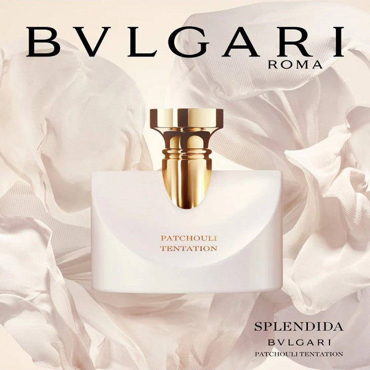 Bulgari Splendida Patchouli Tentation perfume bottle on a soft white background