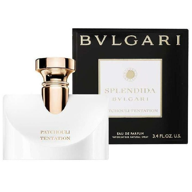 Bulgari Splendida Patchouli Tentation perfume bottle and packaging on a white background