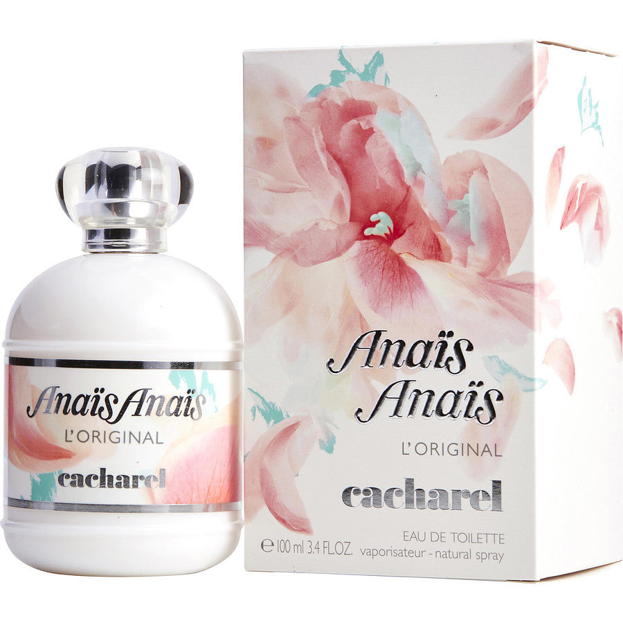 Cacharel Anais Anais perfume bottle and packaging with floral design