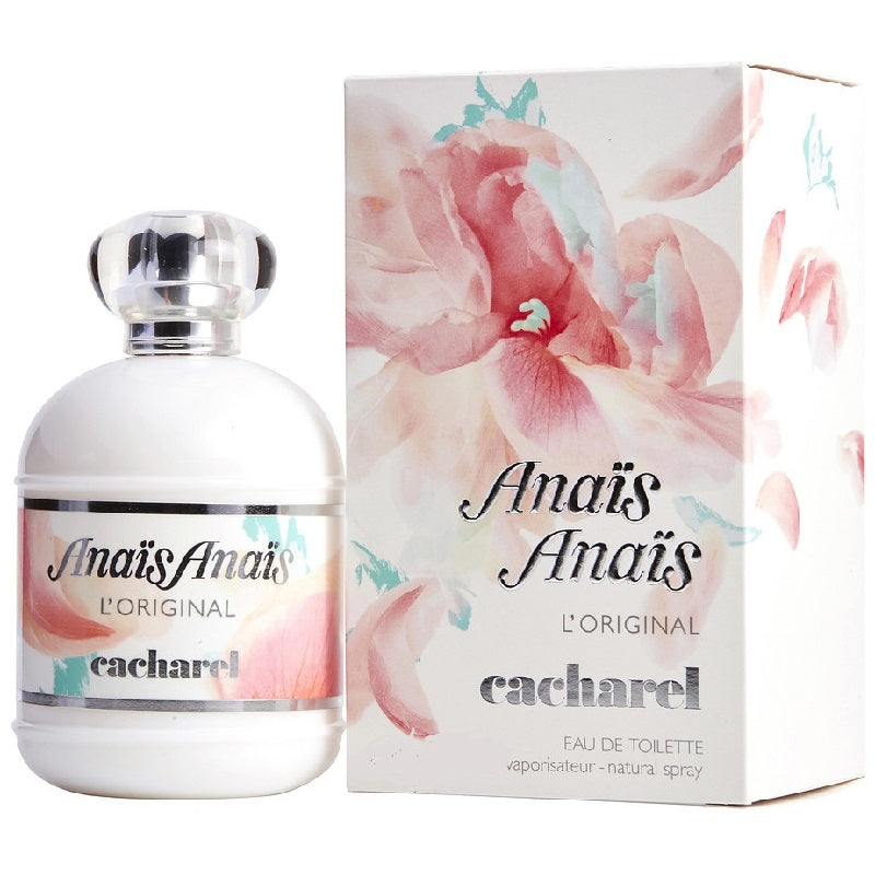 Cacharel Anais Anais perfume bottle and packaging with floral design