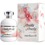 A bottle of Anais Anais L'Original Eau de Toilette by Cacharel, with a white label and a floral design. The product is displayed alongside its packaging box.
