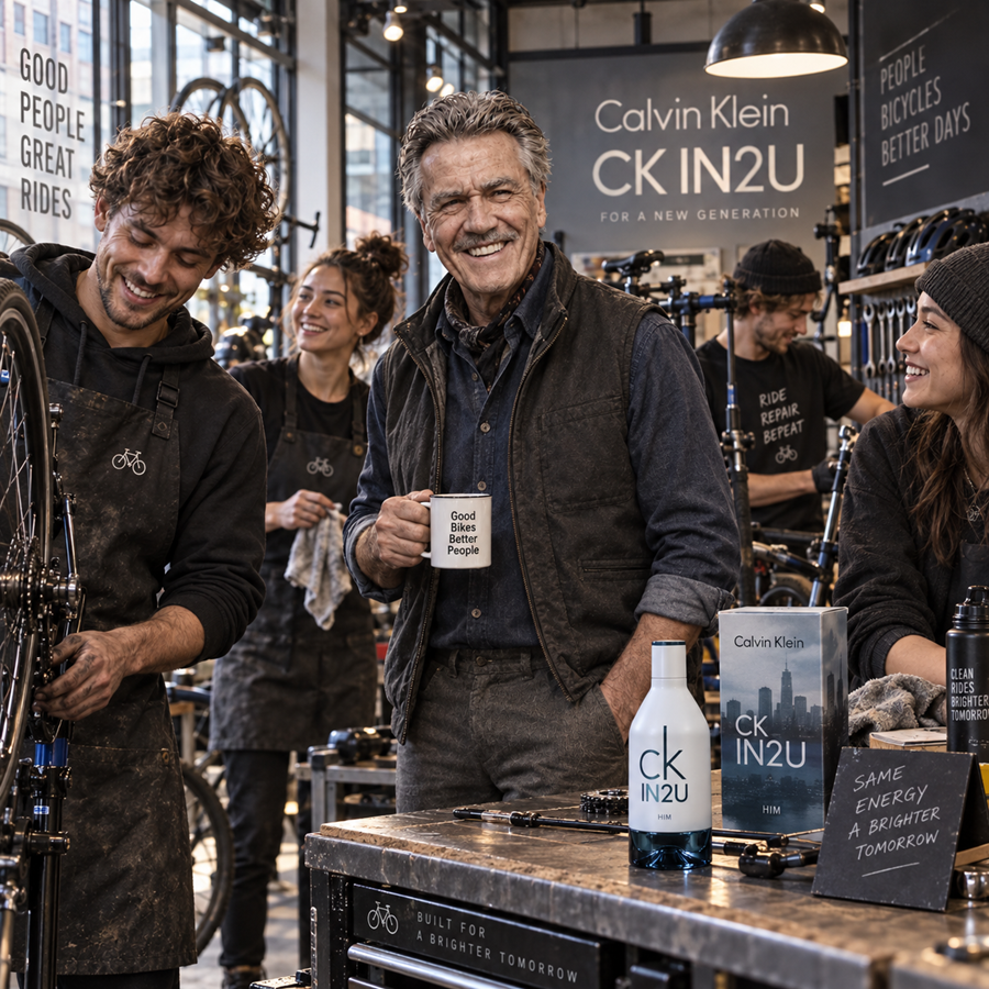 A mixed group finishing an afternoon shift at a busy city bicycle repair workshop, cleaning tools and closing the shop before meeting friends, with the CK IN2U Him bottle prominently displayed on the counter beside subtle Calvin Klein signage.