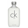 Calvin Klein CK One fragrance bottle with a frosted white glass body, silver metal cap, and dark gray 'ck one' logo on a white background.