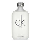 Calvin Klein CK One fragrance bottle with a frosted white glass body, silver metal cap, and dark gray 'ck one' logo on a white background.