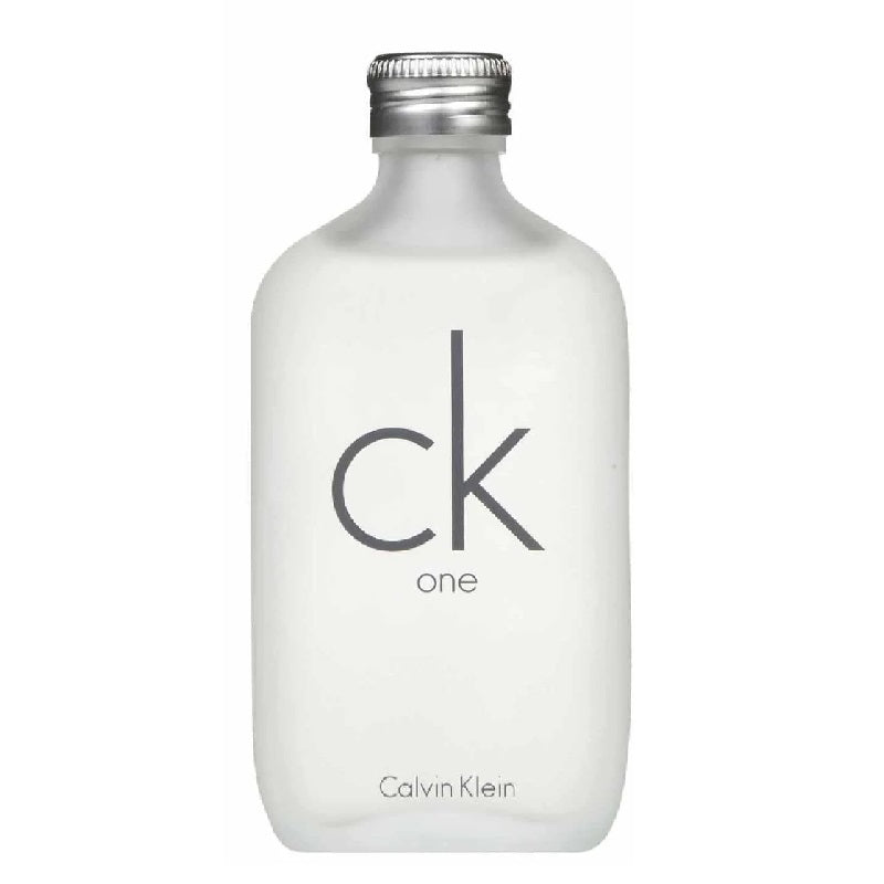 Calvin Klein CK One fragrance bottle with a frosted white glass body, silver metal cap, and dark gray 'ck one' logo on a white background.