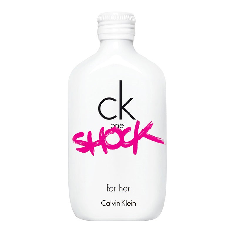Bottle of CK One Shock for Women by Calvin Klein with bold pink lettering on a white background.
