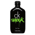 A black bottle of CK One Shock for men by Calvin Klein with green text on the label.