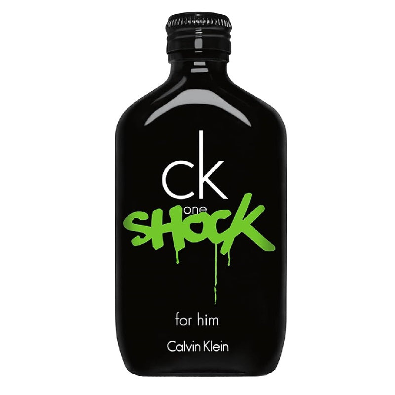 A black bottle of CK One Shock for men by Calvin Klein with green text on the label.