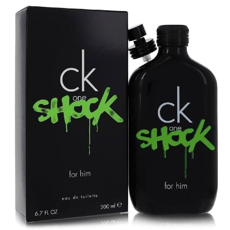 Black 'ck one Shock' perfume bottle and packaging on a white background
