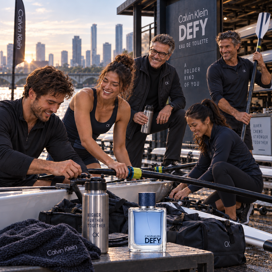 A mixed group preparing for an early morning urban rowing session, checking equipment beside a riverside boathouse, with the Defy bottle prominently displayed among their gear and subtle Calvin Klein signage.