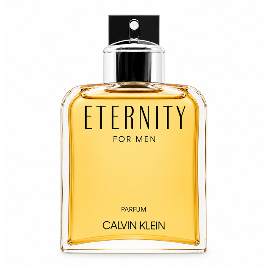 Calvin Klein Eternity For Men perfume bottle with a square shape, filled with golden-yellow liquid, featuring a black spray nozzle and a clear glass body on a white background.