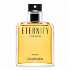 Calvin Klein Eternity For Men perfume bottle with a square shape, filled with golden-yellow liquid, featuring a black spray nozzle and a clear glass body on a white background.
