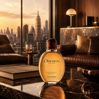 A bottle of Calvin Klein Obsession For Men eau de toilette spray stands on a polished dark marble table in a luxurious living room. The room features a large window showing a golden city skyline at sunset, leather sofas, and warm ambient lighting.
