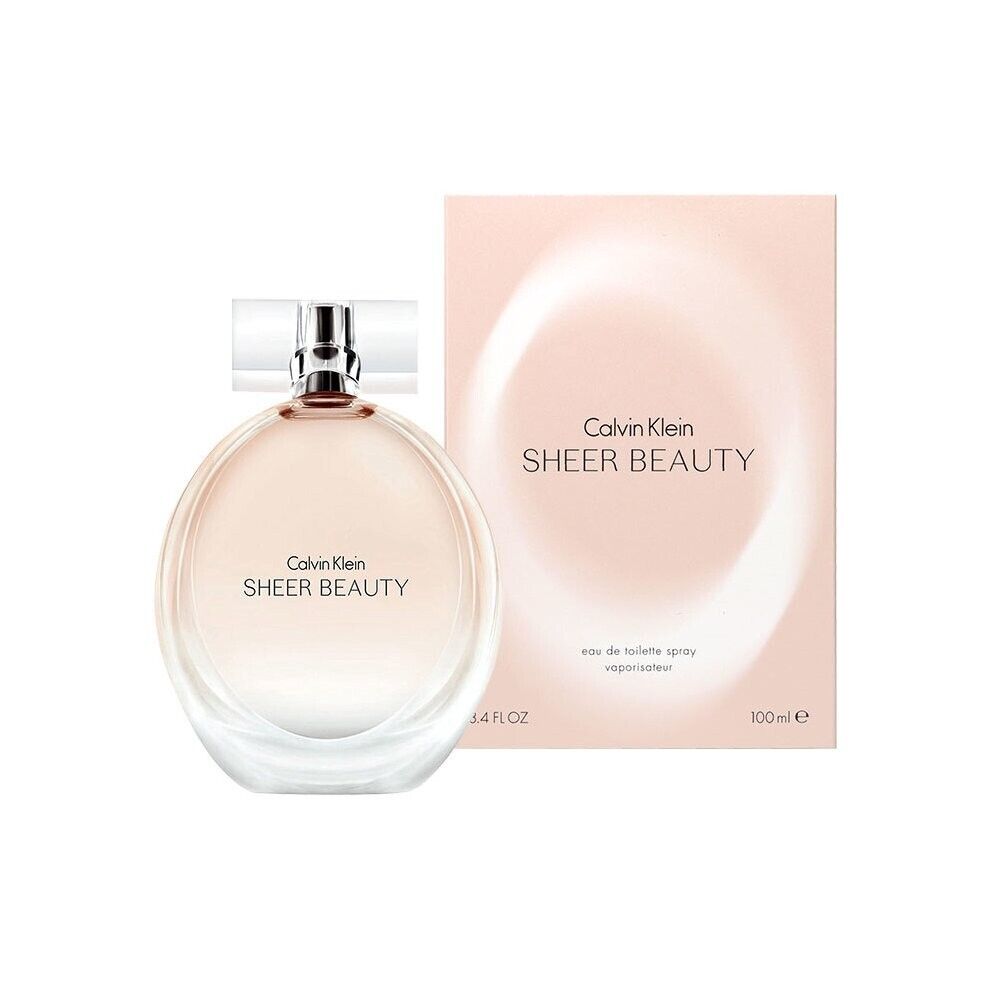 A bottle of Calvin Klein Sheer Beauty Eau de Toilette next to its packaging box.
