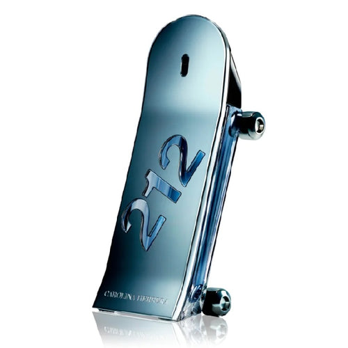 A bottle of 212 Heros Forever Young Him Eau de Toilette by Carolina Herrera, with a reflective blue liquid surface and the brand's logo visible.