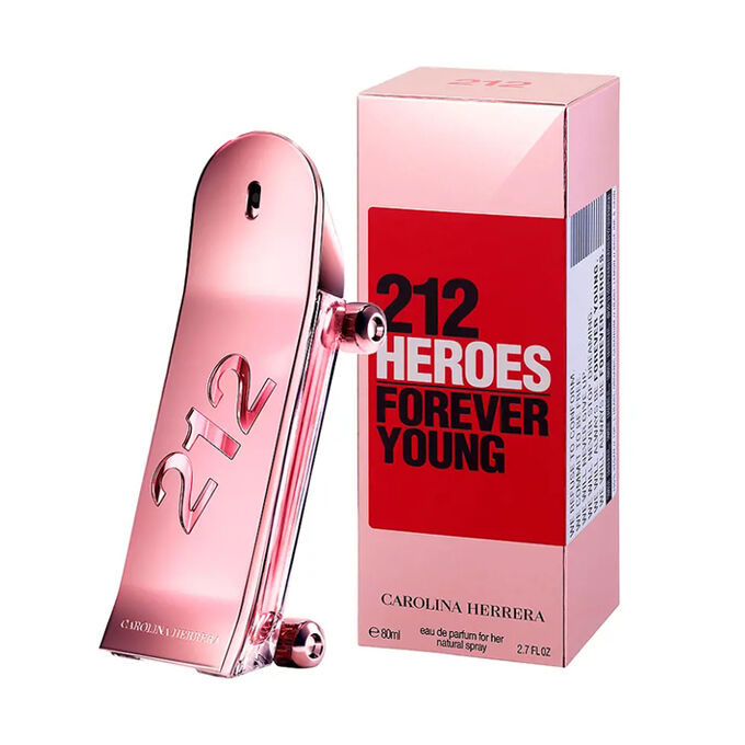 A product image featuring a bottle of 212 Heros Forever Young Her Eau de Toilette by Carolina Herrera alongside its packaging box.