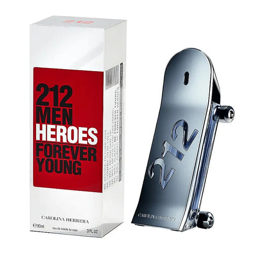 Packaging and bottle of 212 Heros Forever Young Him Eau de Toilette by Carolina Herrera, featuring a silver bottle with the number 212 on it.