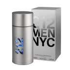 A product image featuring a bottle of 212 Men NYC Eau de Toilette by Carolina Herrera next to its packaging box. The bottle is silver with blue text and the box is silver with black text.