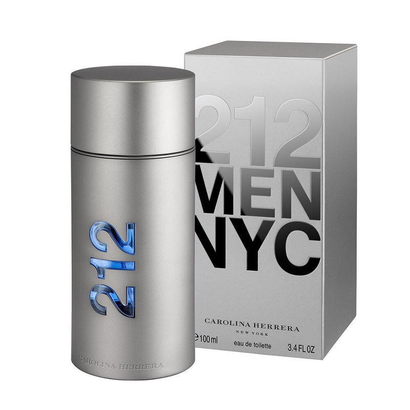 A product image featuring a bottle of 212 Men NYC Eau de Toilette by Carolina Herrera next to its packaging box. The bottle is silver with blue text and the box is silver with black text.