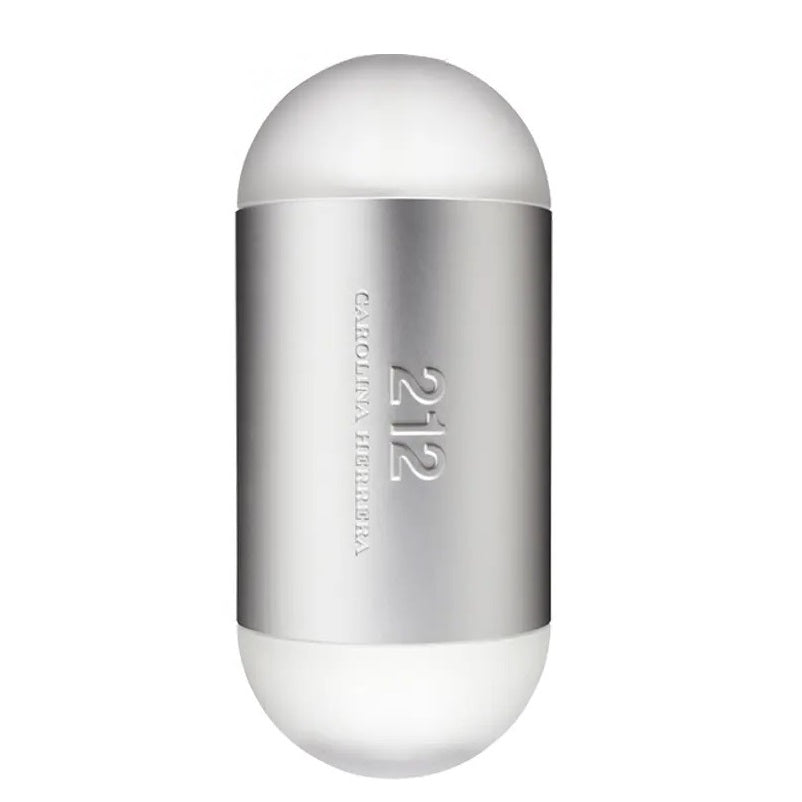 A cylindrical white bottle of 212 NYC Women Eau de Toilette by Carolina Herrera with the brand and product name displayed on the front.