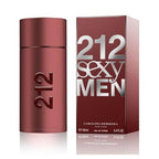The product image shows the packaging and bottle of 212 Sexy Men Eau de Toilette by Carolina Herrera. The packaging is predominantly red and black with the product name prominently displayed.