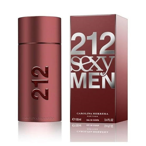 The product image shows the packaging and bottle of 212 Sexy Men Eau de Toilette by Carolina Herrera. The packaging is predominantly red and black with the product name prominently displayed.