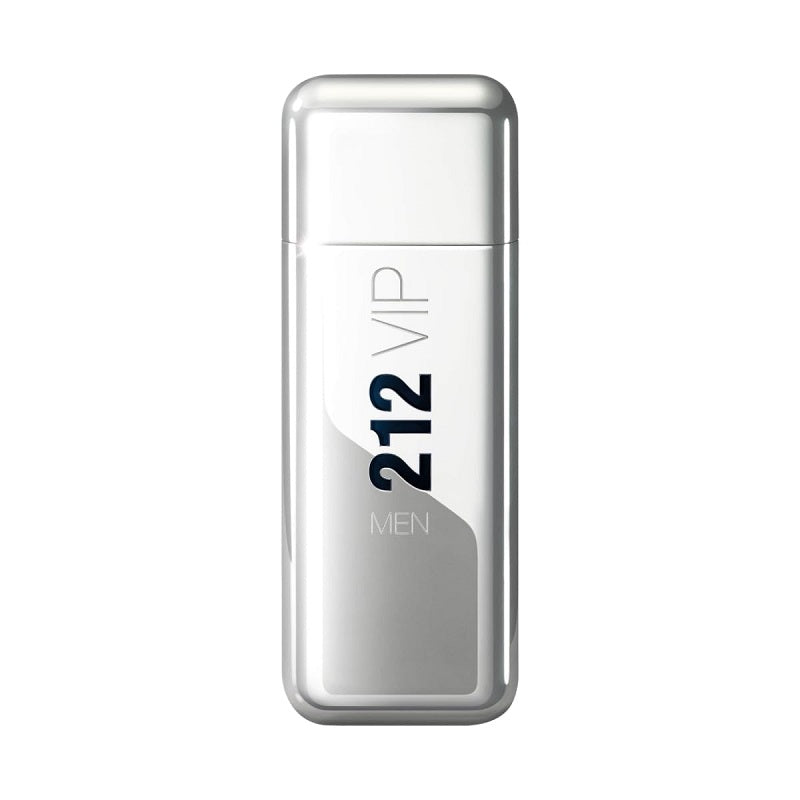 A bottle of 212 VIP Man Eau de Toilette by Carolina Herrera, with a white and silver design, featuring the text '212 VIP MEN' prominently displayed.