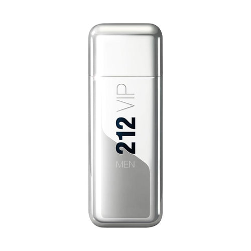 A bottle of 212 VIP Man Eau de Toilette by Carolina Herrera, with a white and silver design, featuring the text '212 VIP MEN' prominently displayed.
