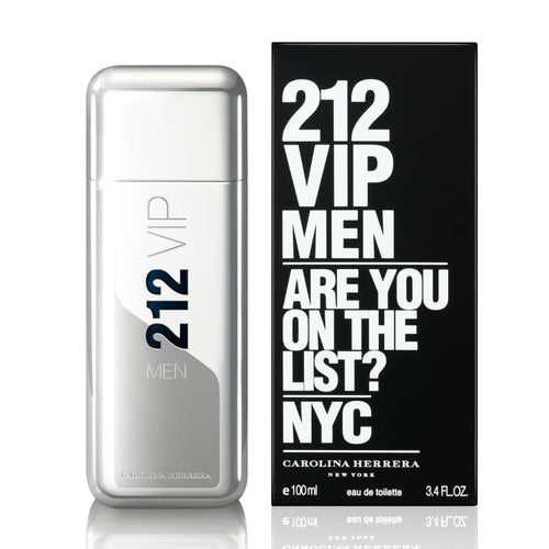 The image shows a bottle of 212 VIP Man Eau de Toilette by Carolina Herrera next to its packaging. The bottle is clear with a white label, and the packaging is black with white and silver text.